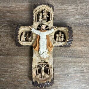 Wooden Cross With Jesus & Nativity Sculptures